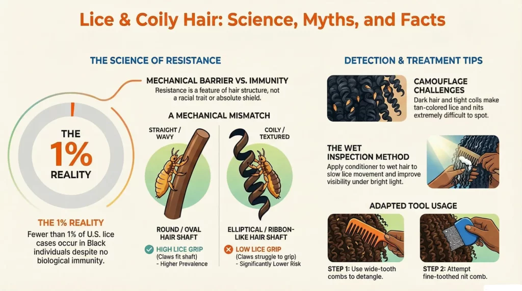Medical illustration showing can black people get lice and how lice grip different hair types